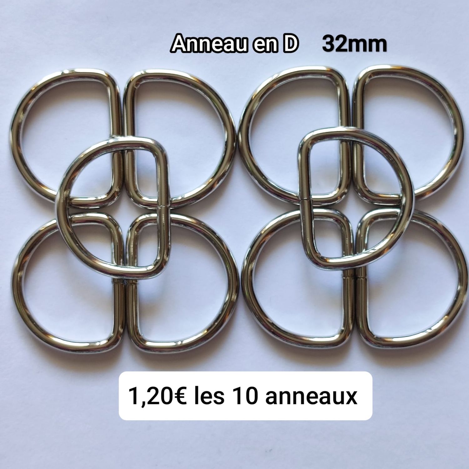 10 anneaux en D argentés 32 mm