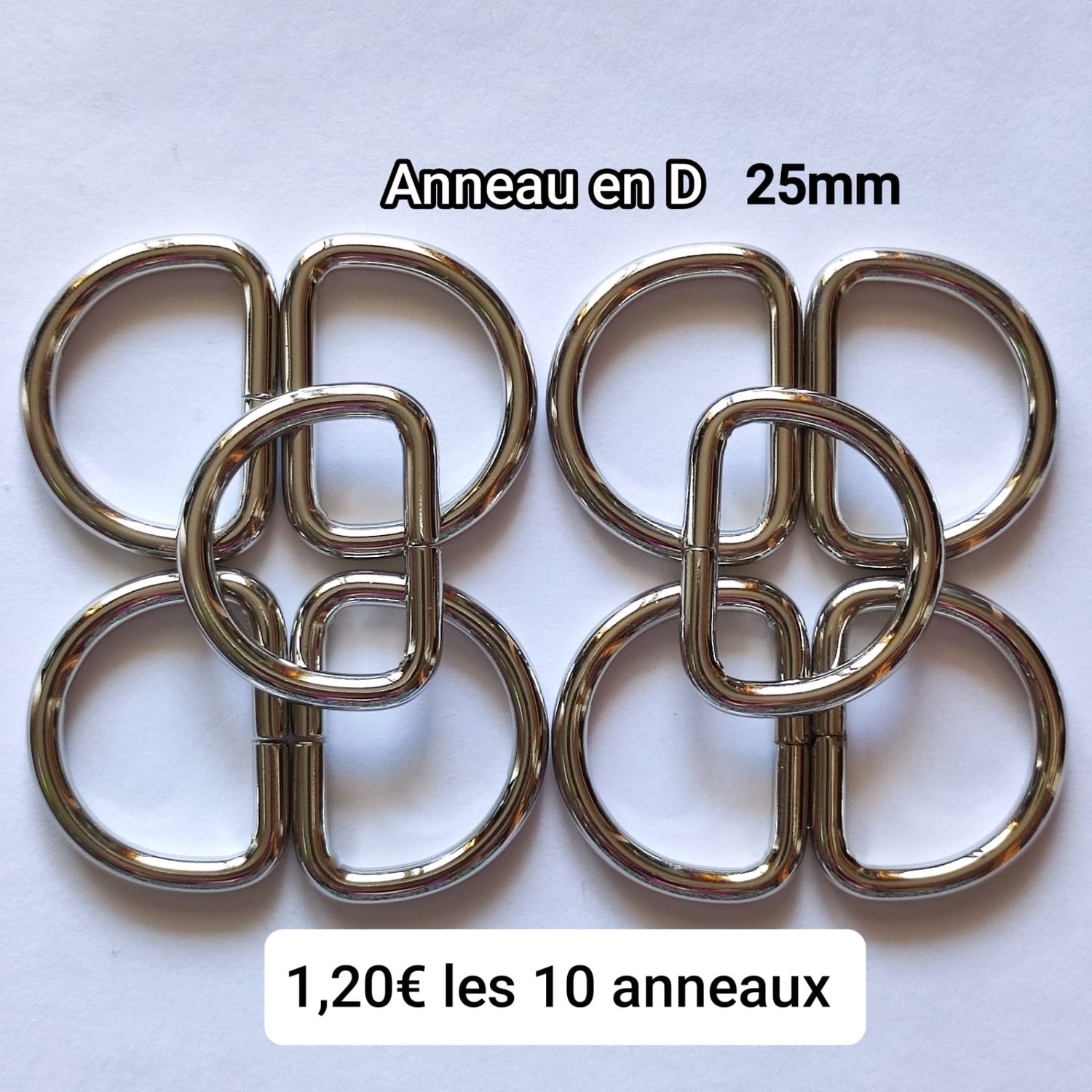 10 anneaux en D argentés 25 mm
