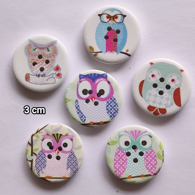 6 grands boutons en bois chouette 3 cm