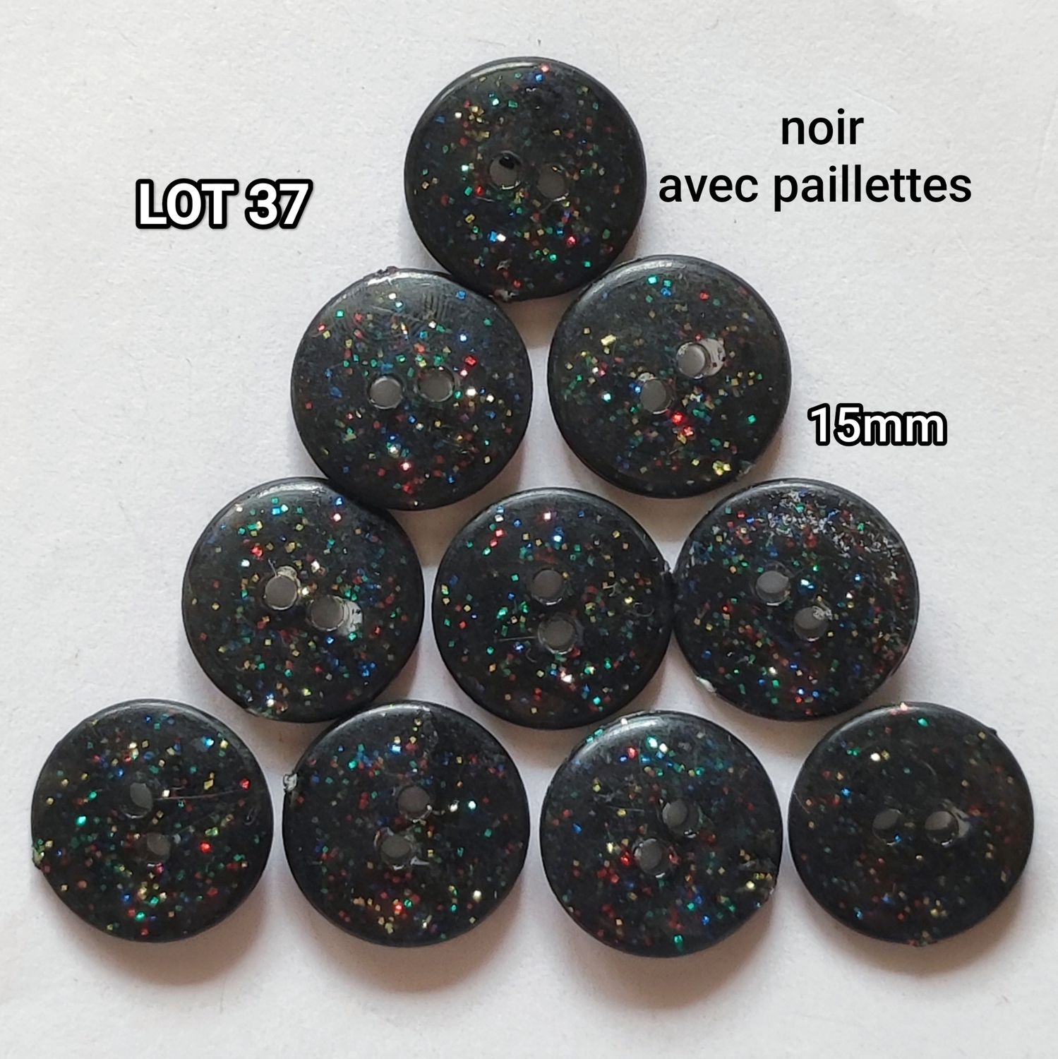 10 boutons noir avec paillettes 1,5cm LOT 37