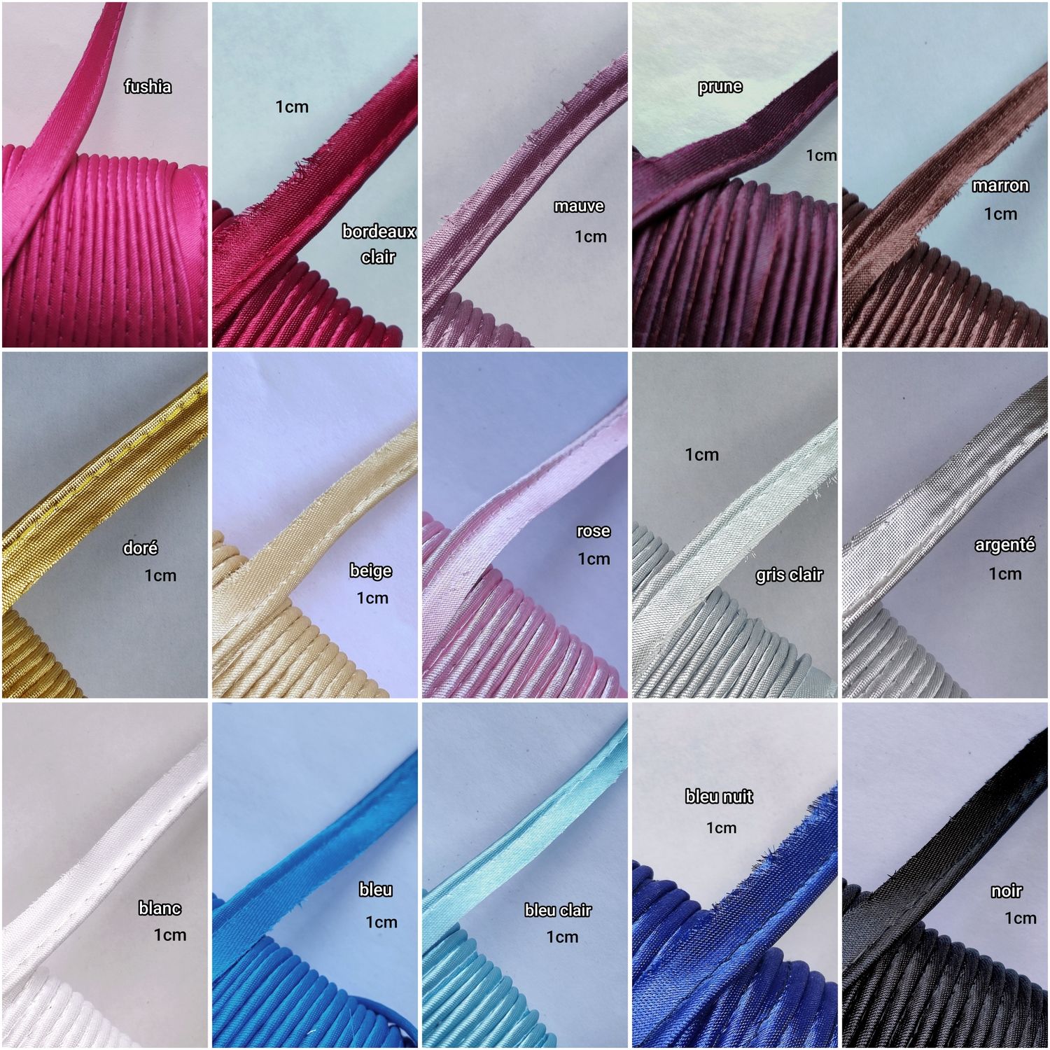 65 m Passepoil 1,1cm polyester (choisissez vos couleurs)