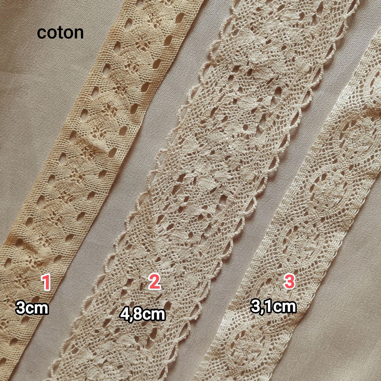 Dentelle coton beige au m (choisissez vos modèles)