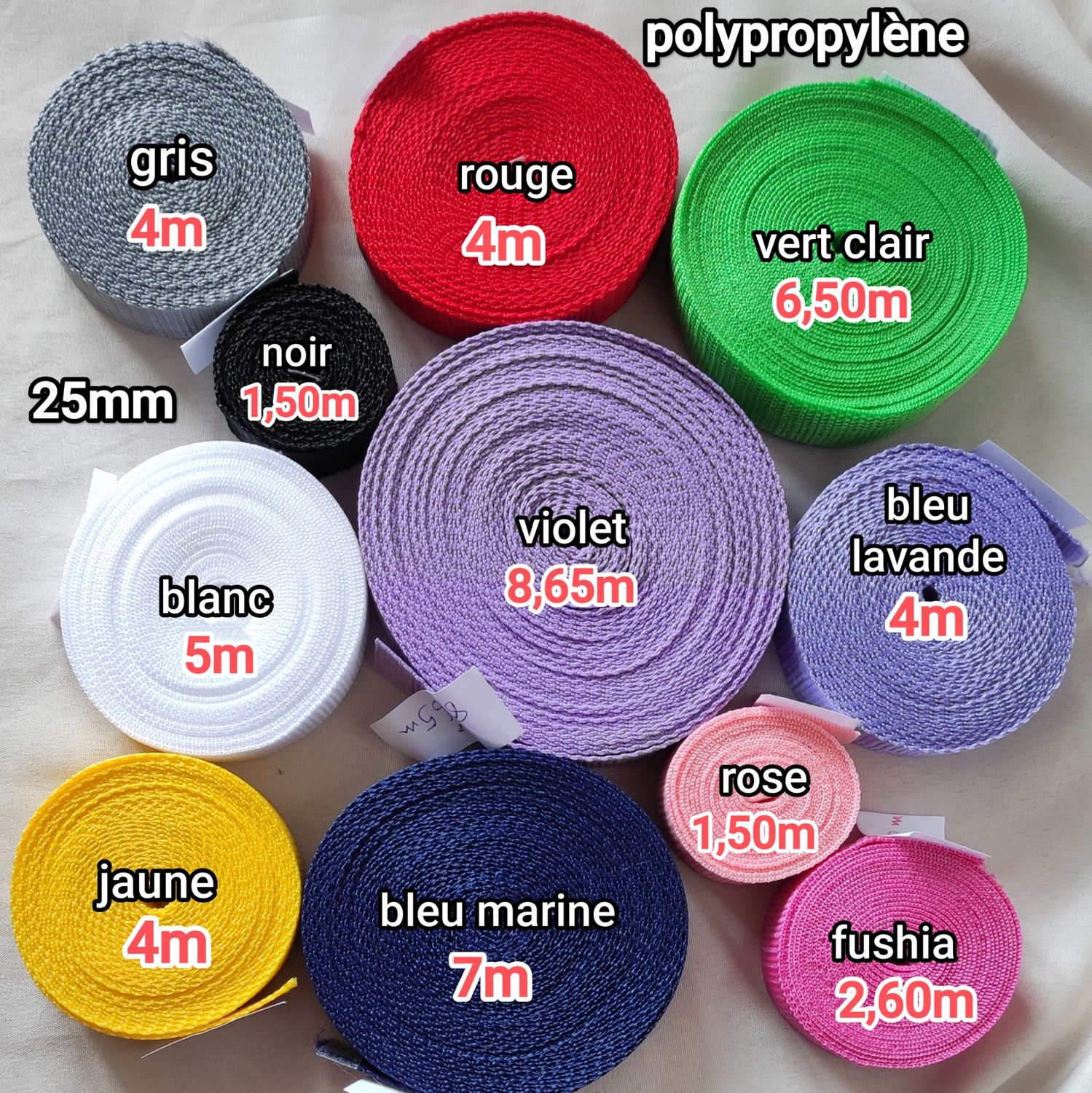 Lot 48,75 mètres sangle polypropylène 25mm