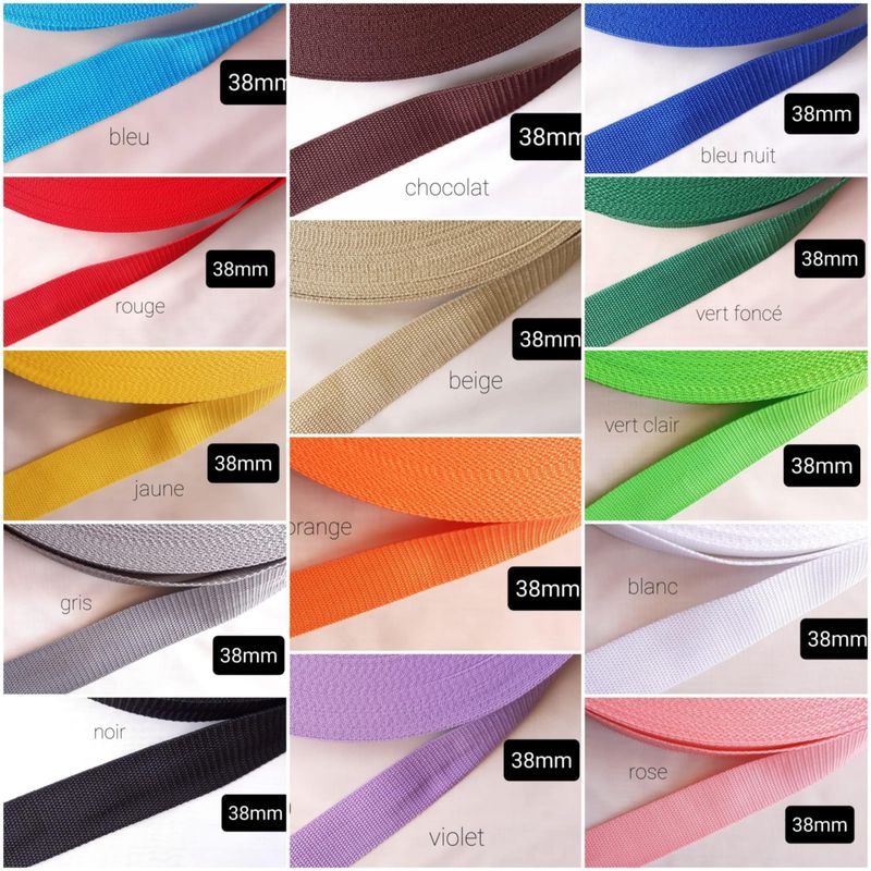 Rouleau 40/45m sangle polypropylène 38mm / choisissez vos couleurs