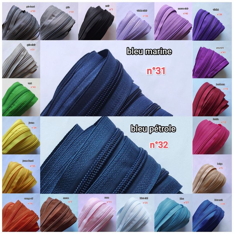 1 mètre fermeture zip #5 + 3 curseurs (choisissez parmi 44 couleurs)