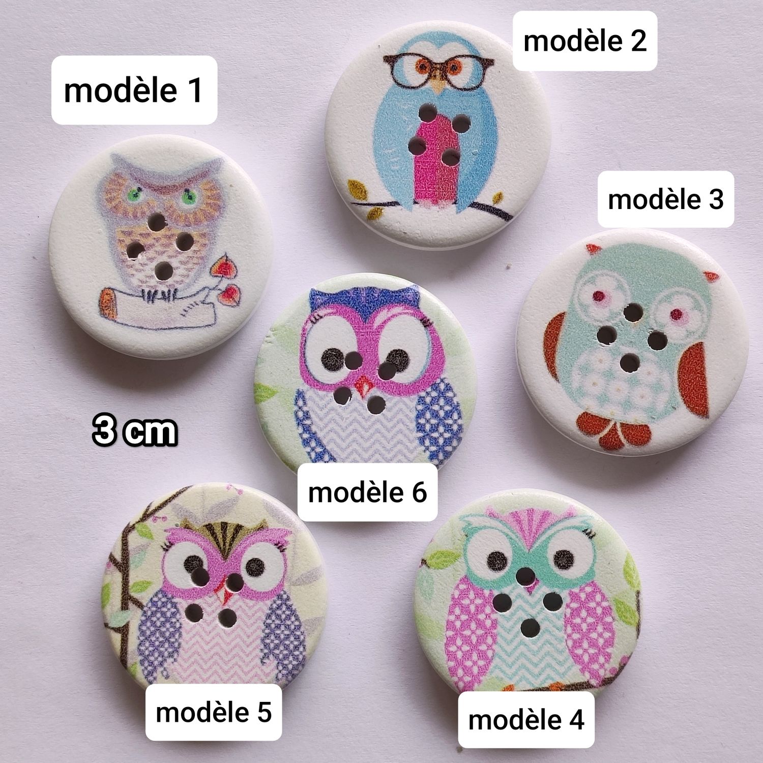 Grand bouton en bois chouette 3 cm (choisissez vos modèles)