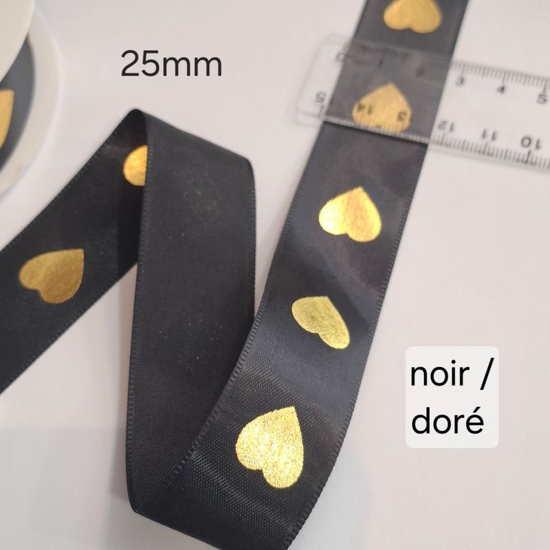 Ruban coeur satin 25mm noir / doré