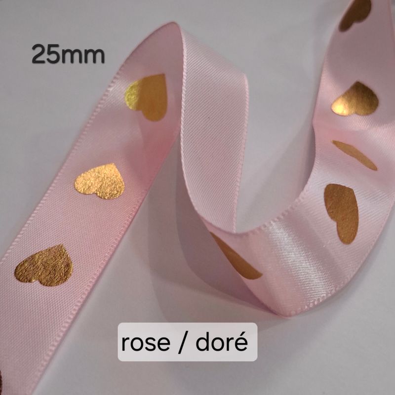 Ruban coeur satin 25mm rose clair / doré
