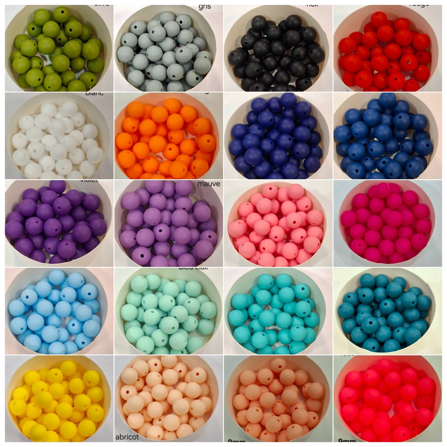 Perle en silicone 9mm ,20 couleurs