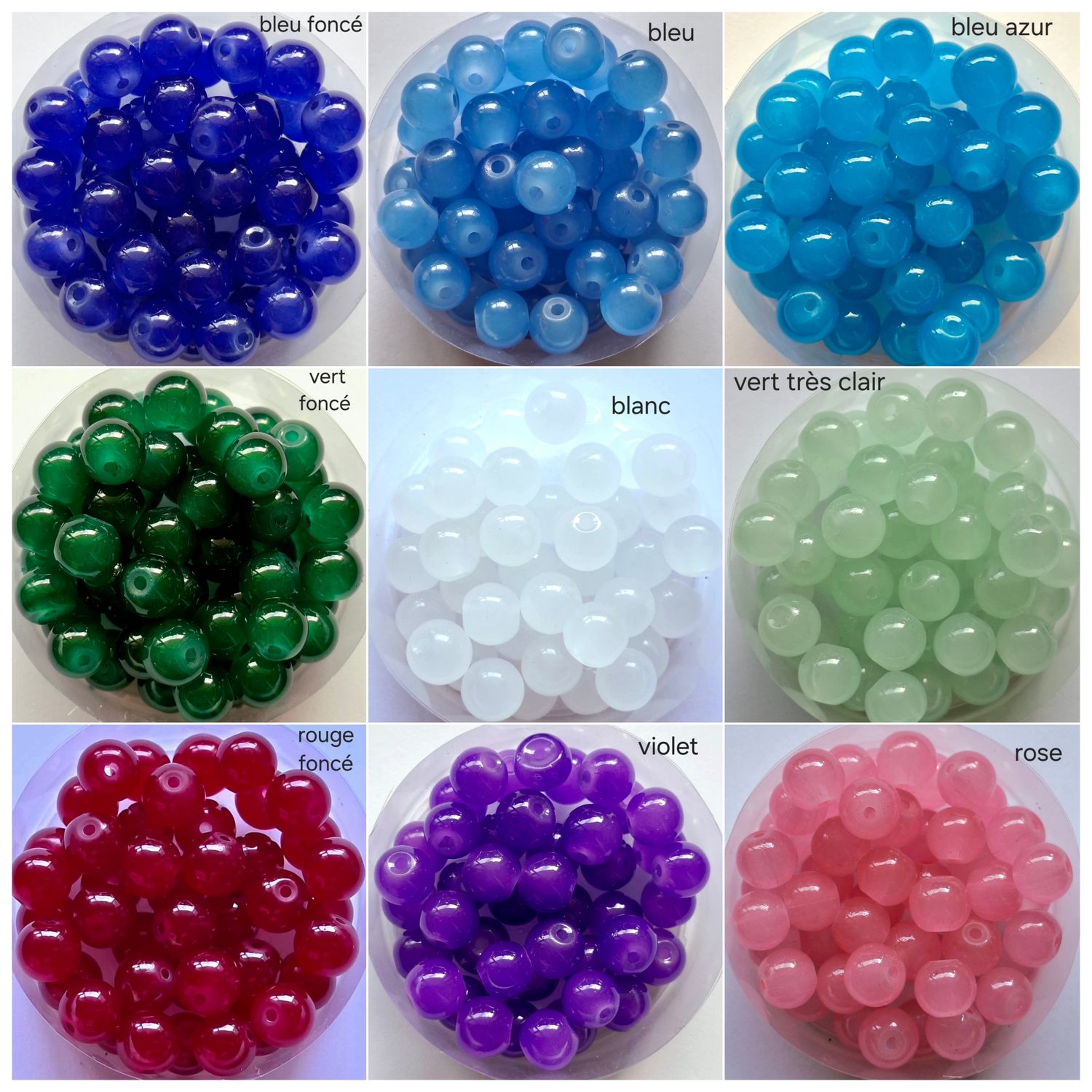 50 perles en verre 8mm (9 couleurs)