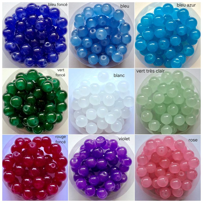 50 perles en verre 8mm (9 couleurs)