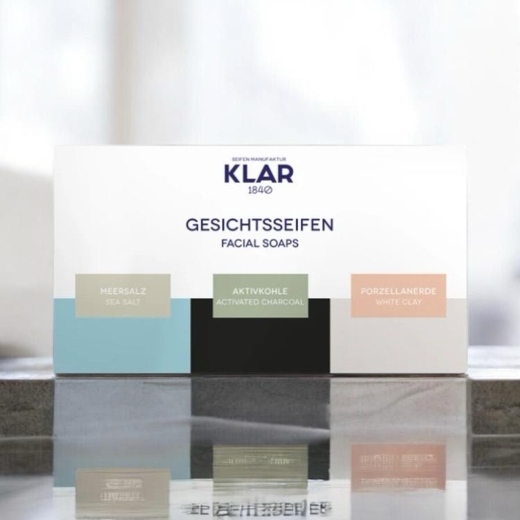 Klar Geschenkset Gesichtsseifen (Meersalz, Aktivkohle, Porzellanerde), Cosmos zertifiziert, palmölfrei