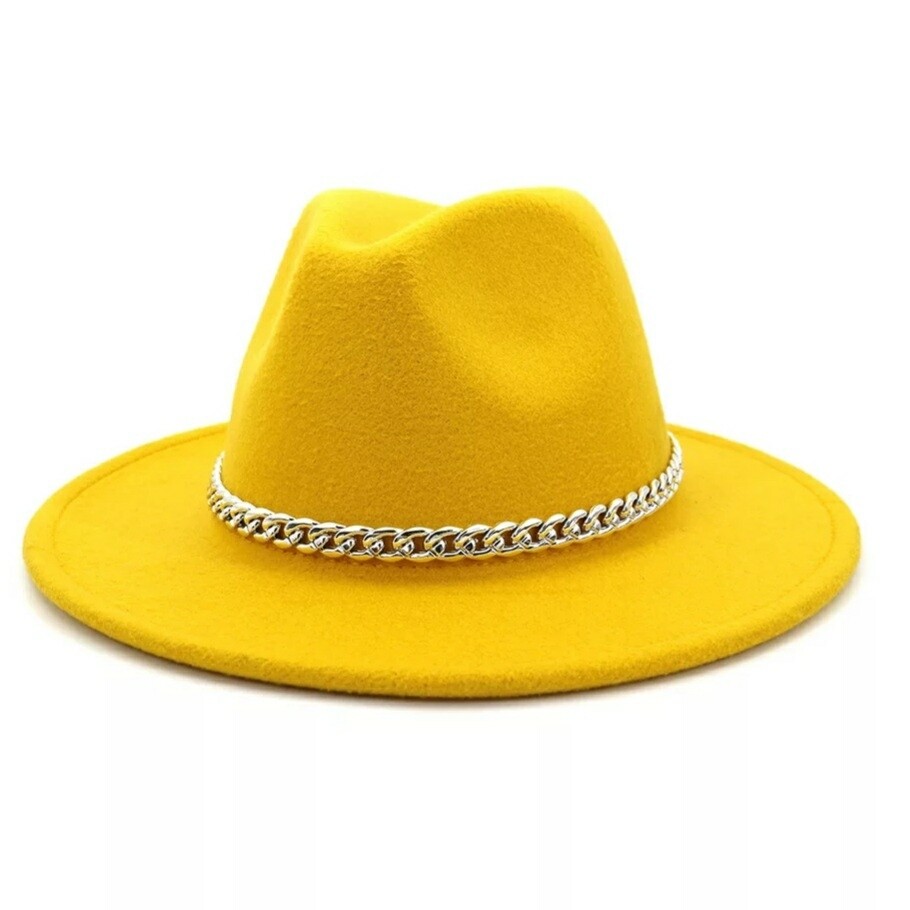 Yellow Fedora Hat with Silver Chain Accent