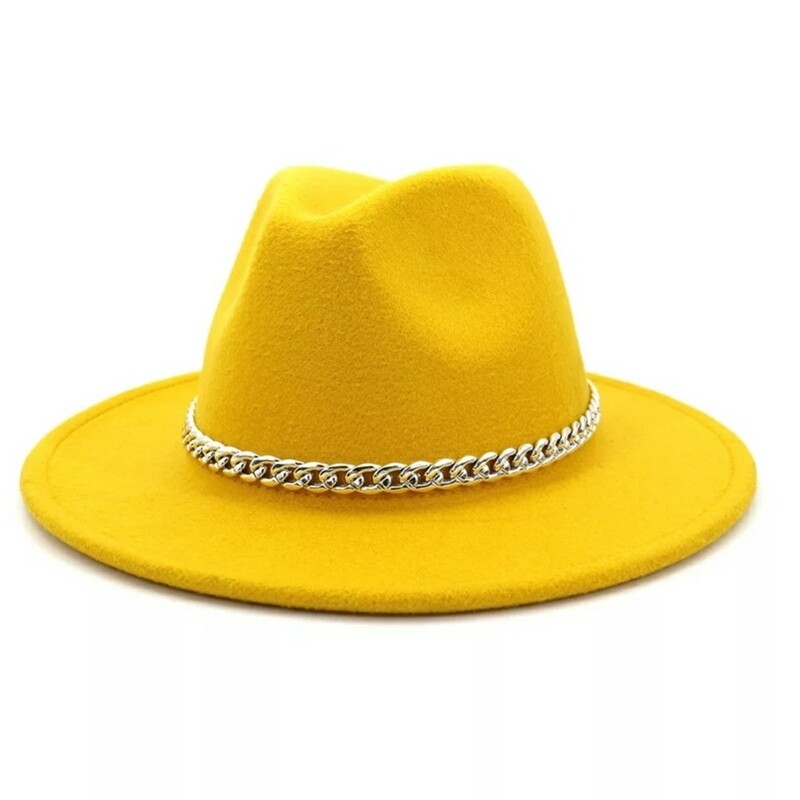 Yellow Fedora Hat with Silver Chain Accent