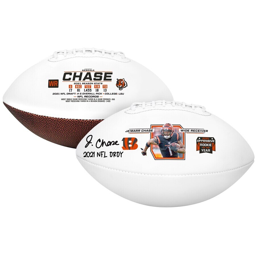 Ja'Marr Chase 2021 NFL Offensive Rookie of the Year Autographed White Panel Football with "21 NFL OROY" Inscription