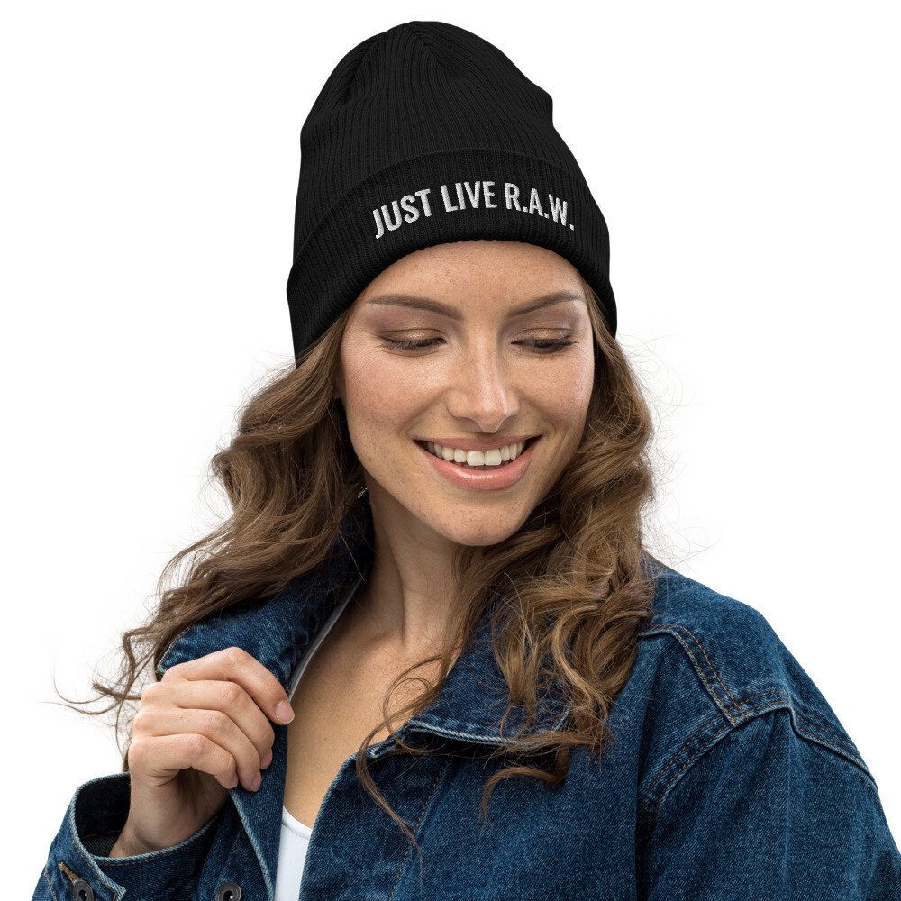 JUST LIVE R.A.W. black organic ribbed beanie + unisex