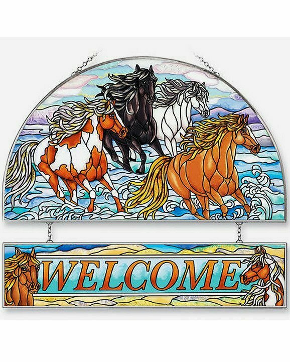 Galloping Herd Art Glass 12 Galloping Herd Art Glass 12"Welcome 2 Panel Decor #46WP