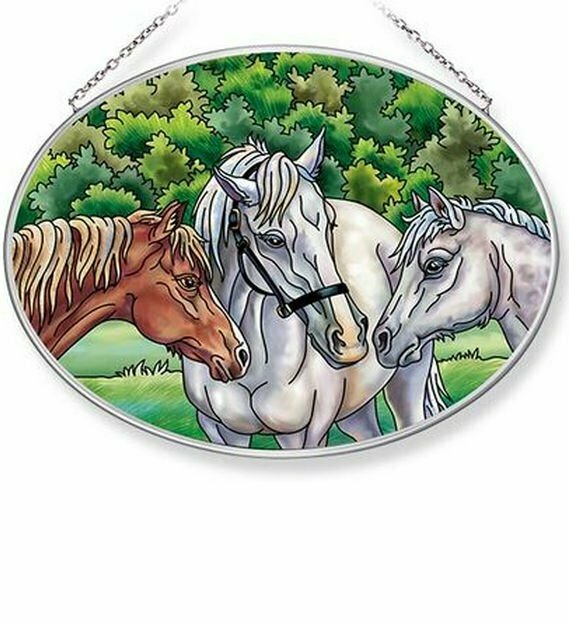 Whispering Horses Glass Art Window Decor 7" Oval Suncatcher  #471TH