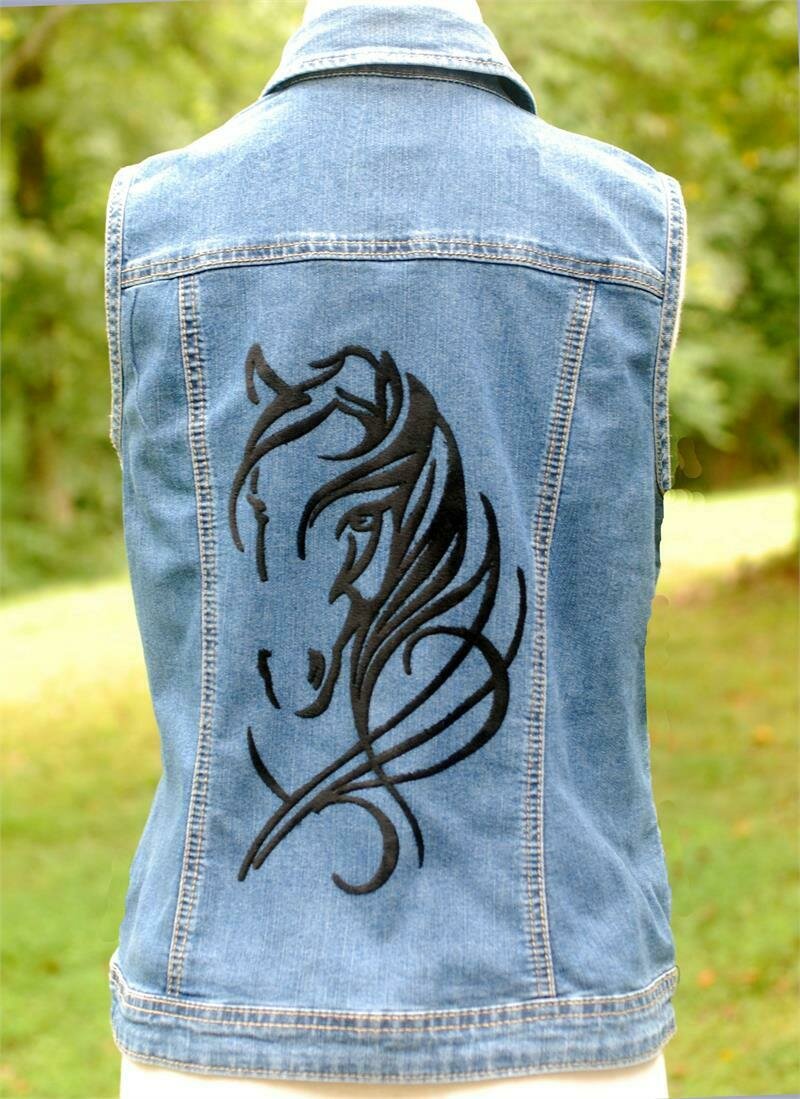 Belleza Flocked Horse Art Denim Ladies Vest #AV5F: