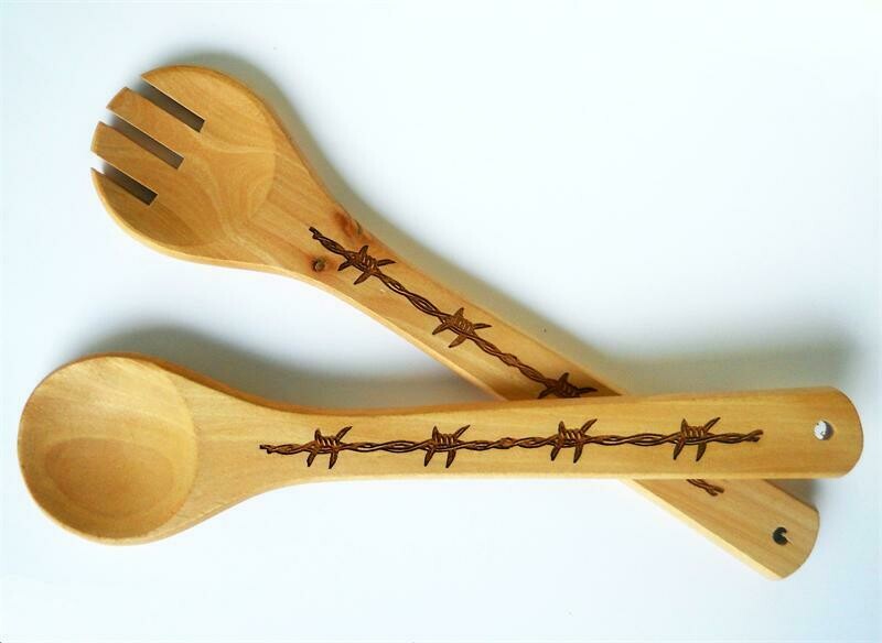 2 piece Wood Barbwire Salad Serving Set  #436FS