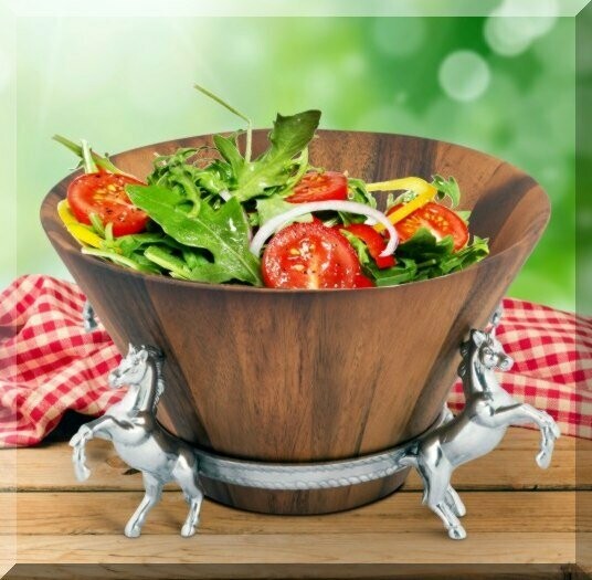 Rearing Horses Acacia Wood Salad Bowl by Arthur Court #PP51
