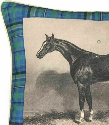 Vintage Look Equestrian Horse Art 24" Pillow Hunter Green Accents #46VPG