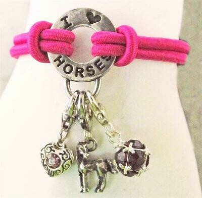 Standing Horse and Charms Pink Bungee Bracelet #494S