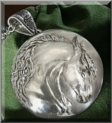 Spirited Horse Head Round Pewter Pendant-Necklace #410NK