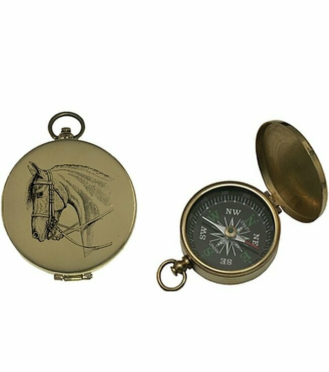Solid Brass  Engraved Horse Head 1-3/4" Pocket Compass #472BRC