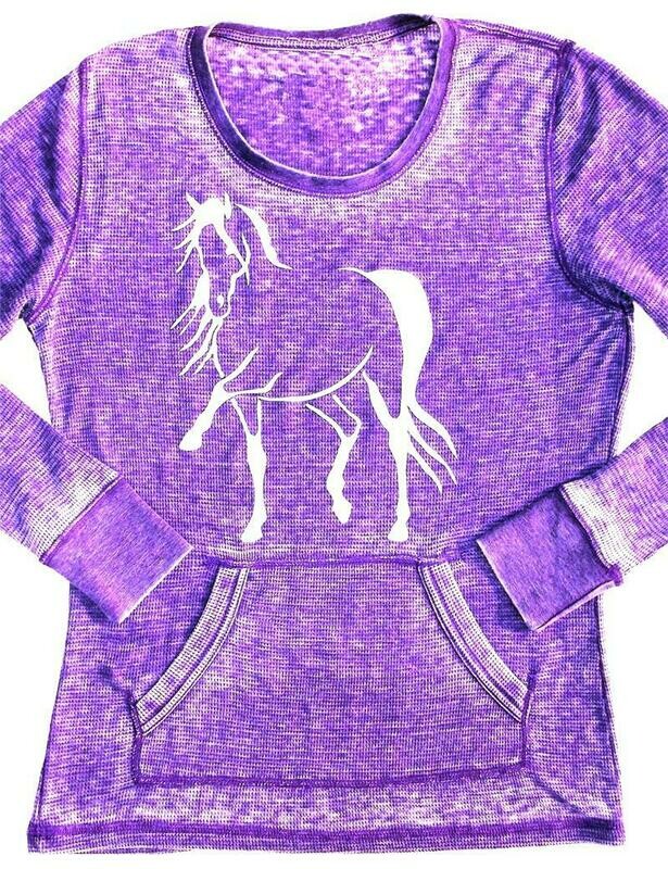 Destina Horse Art Ladies Pocket Burnout Thermal Crew-neck #AZ50C