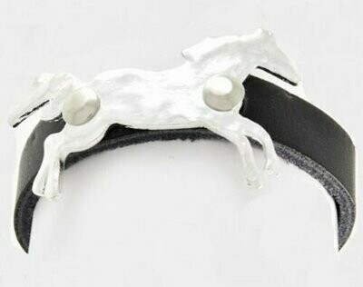 Silver Tone Horse Token Leatherette Fashion Bracelet #414LTHR