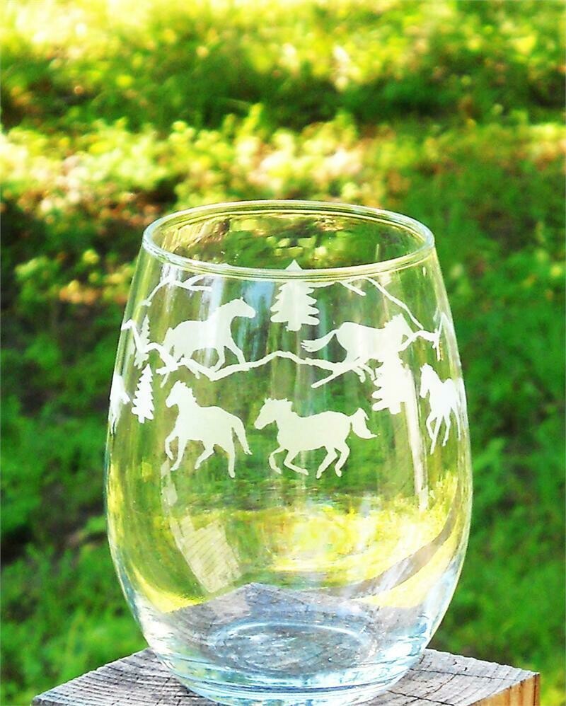 SIERRA HORSES STEMLESS SAND-ETCHED 15oz GOBLET #1712