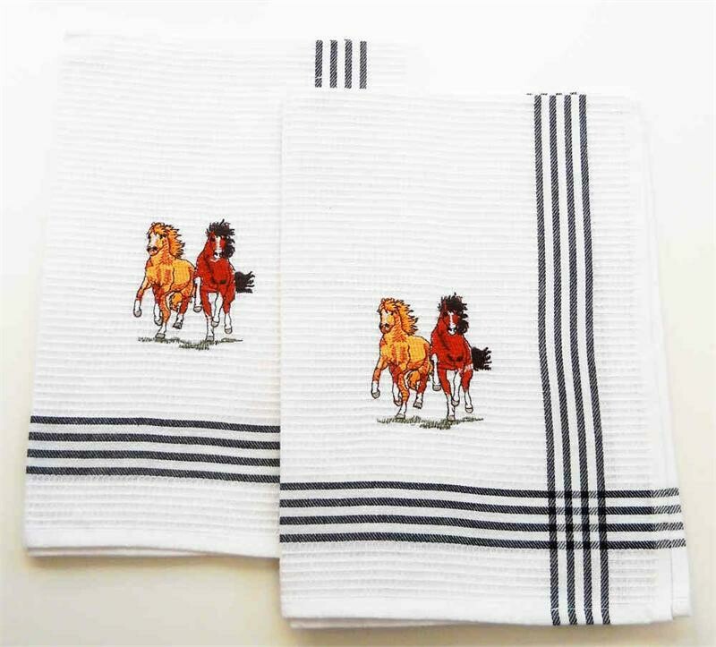 Embroidered Running Horses Waffle Weave Cloth Towel #477R Embroidered Running Horses Waffle Weave Cloth Towel #477R