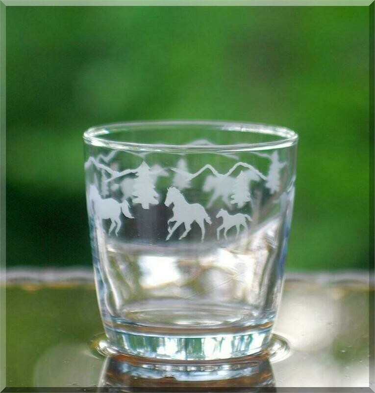 SIERRA HORSES ETCHED 10.5oz  DOUBLE OLD FASHIONED GLASS #1714