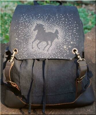 Rhinstudded Galloping Horse 16" Vintage Black Canvas Backpack #A72GG