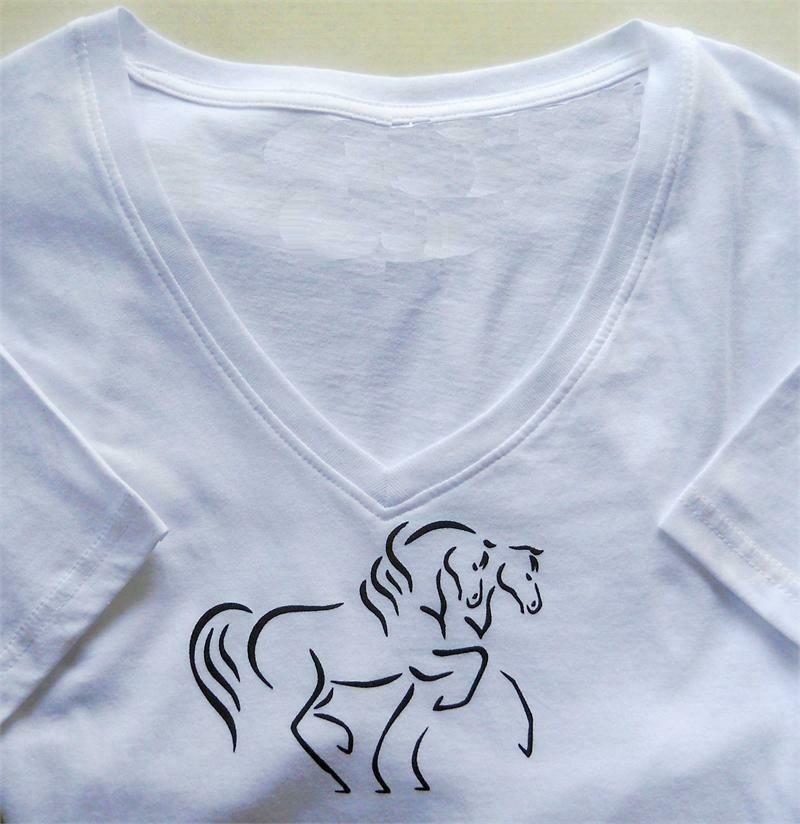 Maestro Duo Horse Art Ladies sheer v-neck white t-shirt  #A302NK