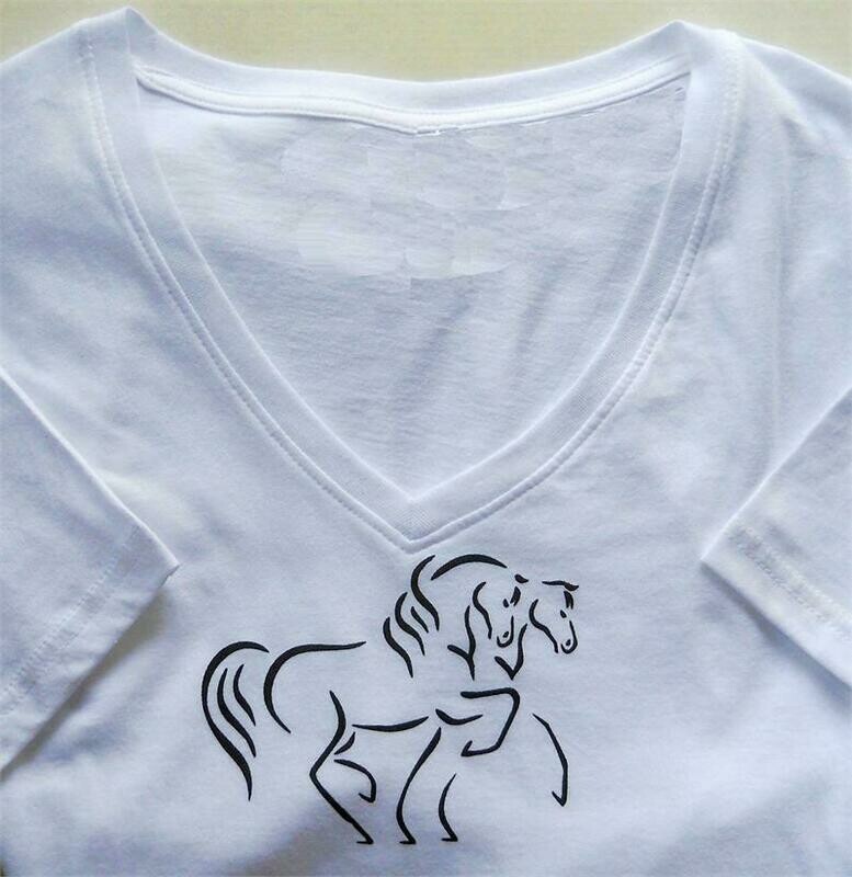 Maestro Duo Horse Art Ladies sheer v-neck white t-shirt  #A302NK