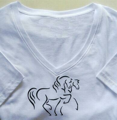 Maestro Duo Horse Art Ladies sheer v-neck white t-shirt #A302NK