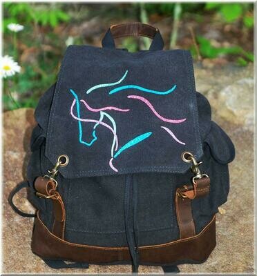 Leather Accent Glitter Dream Horse Vintage Black Expedition Backpack #AC31BLK