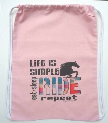 "Life is Simple-Eat-Sleep-Ride-Repeat" Cinch Drawstring Pink Sports Sack #A923K