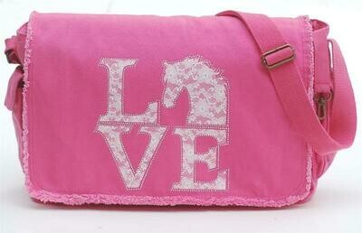 Laced Horse L-O-V-E 16" Raw Edge Pink Canvas Messenger Bag # AL41