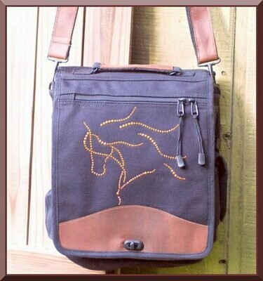 Leather Accent Dream Horse Rhinestudded Vintage Canvas Navigator Bag # A73N