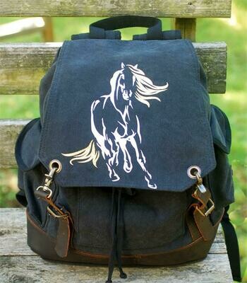 Leather Accent Glitter Maverick Horse Art Black Expedition Backpack #AMV22