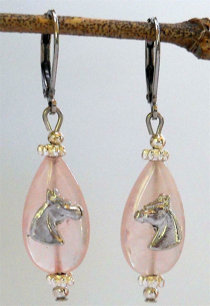 Horse Head Rose Quartz  Lever-back Earrings #496RQ