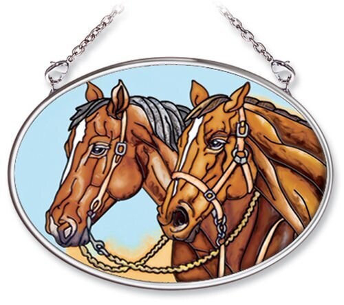 Horse Duo Glass Art Window Decor 4" Oval Suncatcher  #471DUO