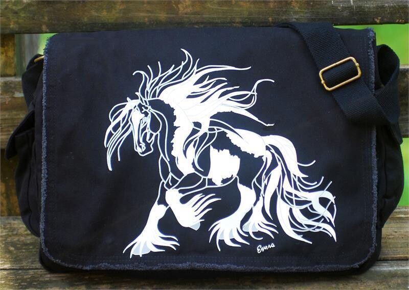 Gypsy Vanner Art 16"  Burly Canvas Black Messenger Bag #AT3M