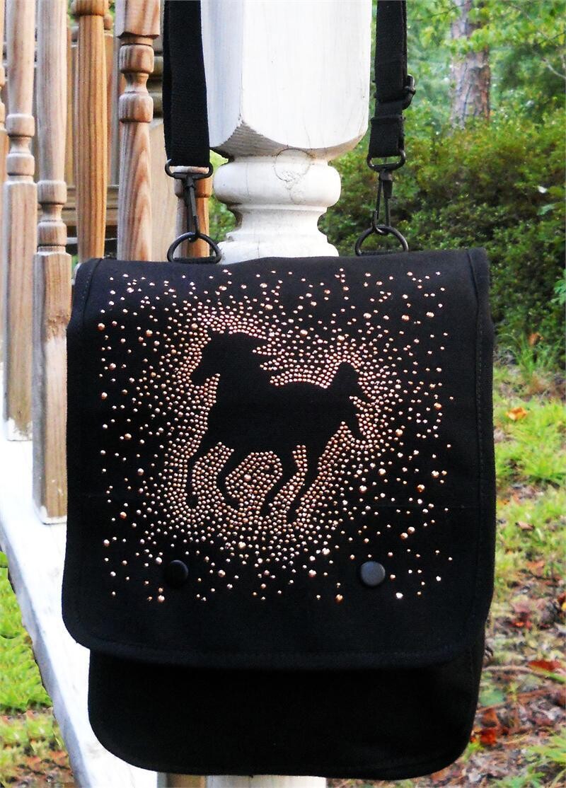 Glitter Galloper Horse Rhinestudded 12" Burly  Black Canvas iPad Bag # AG25
