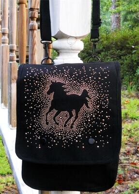 Glitter Galloper Horse Rhinestudded 12" Burly Black Canvas iPad Bag # AG25