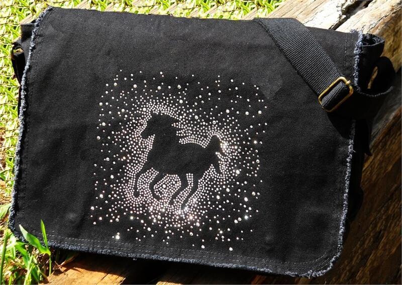 Glitter Galloper Rhinestudded  16" Raw Edge  Black Canvas Messenger Bag # AGMB