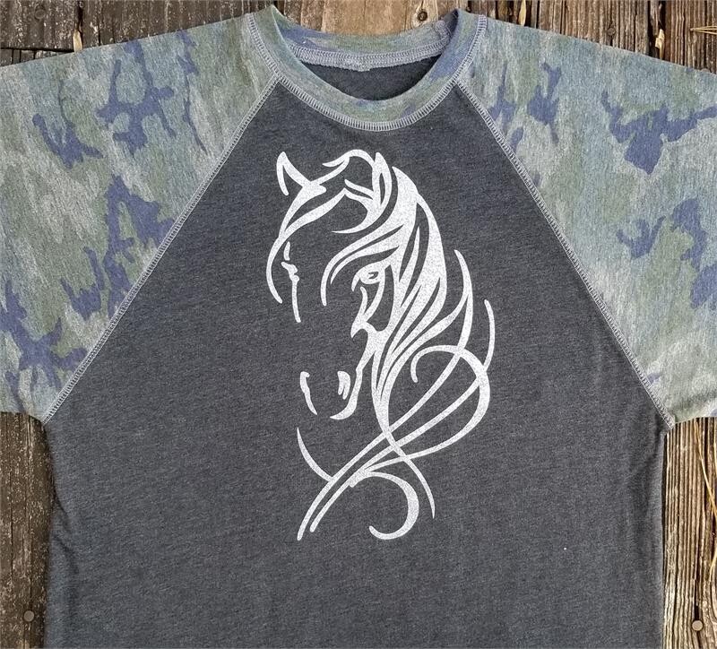 Glitter Belleza Horse Ladies Camo 3/4 Sleeve Tee #AC0V